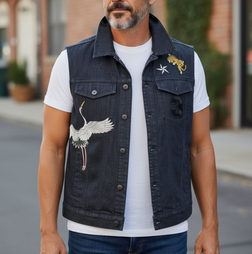Edge Black Denim Vest with Embroidered Crane and Tiger